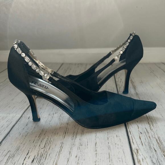 Valenti Franco black fabric sling back heels with rhinestone accent Size 8.5 - Picture 1 of 10
